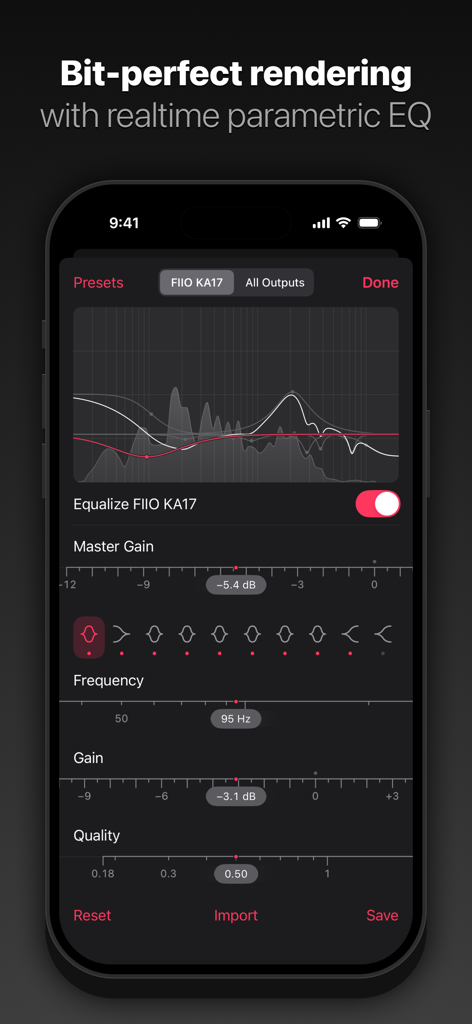 Interface of the Pentaton app showing professional parametric EQ settings for bit-perfect audio rendering