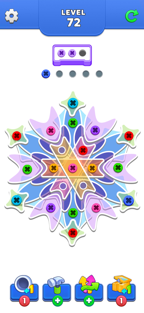 Level screenshot of Unscrew Puzzle Pin Jam showing colorful bolts and glass shapes