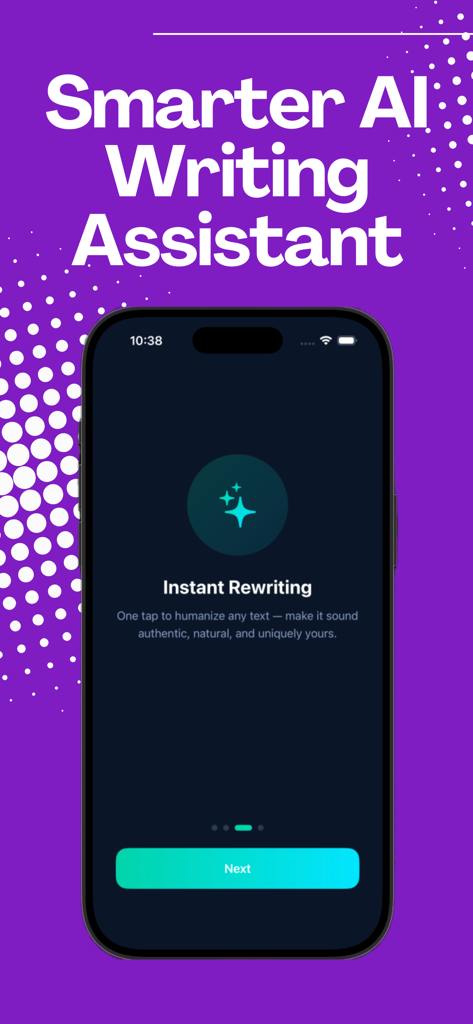 AI Humanizer & Detector - Interface do aplicativo Humanizador e Detector de IA mostrando o assistente de escrita de IA mais inteligente e o recurso de reescrita instantânea em um fundo roxo