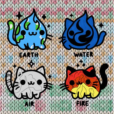 4 cats that represent the different elements, earth, water, air, and fire