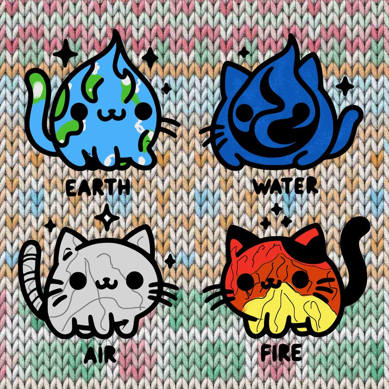 4 cats that represent the different elements, earth, water, air, and fire