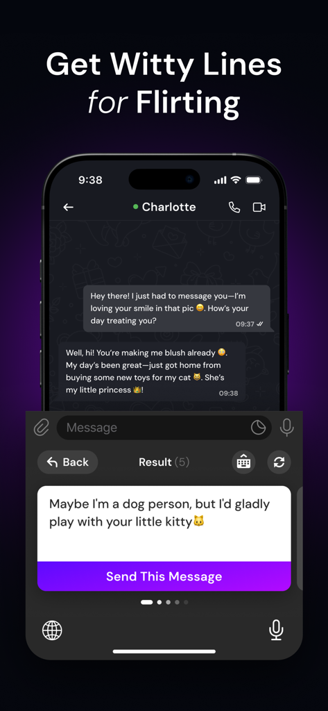 Flirtonic: AI Dating Assistant - Smartphone screen showing Flirtonic AI keyboard suggesting a witty flirting line in a chat conversation