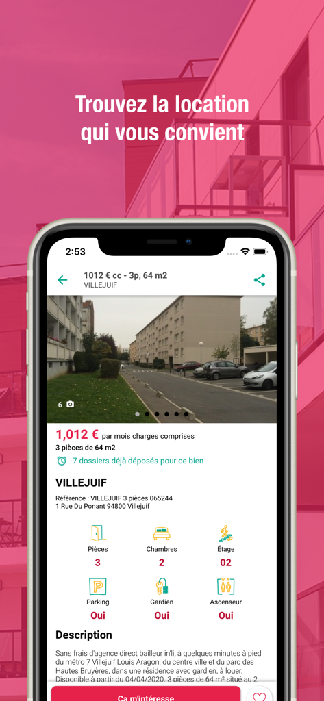 In'li.FR app screenshot showing a detailed rental listing for an apartment in Villejuif including price and property features