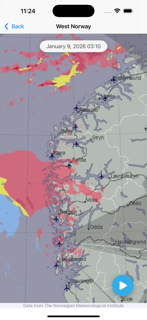 Weather radar map of West Norway showing precipitation patterns