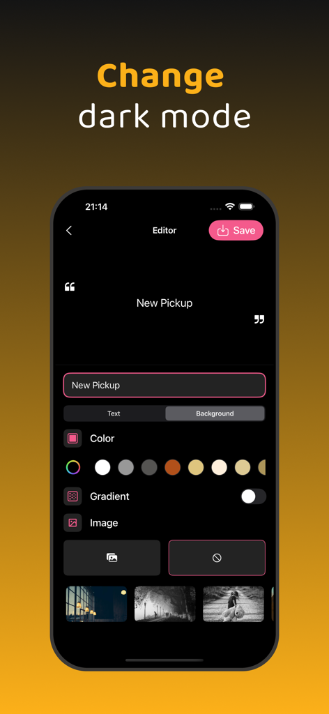 Pickup Lines - Flirt Message - Interface of the Pickup Lines app showing the editor with dark mode and background customization options.