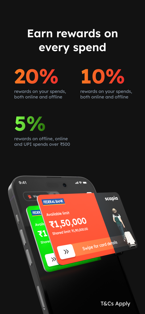 Scapia: A card for travellers - Scapia app interface showing reward percentages and a Federal Bank credit card with available limit