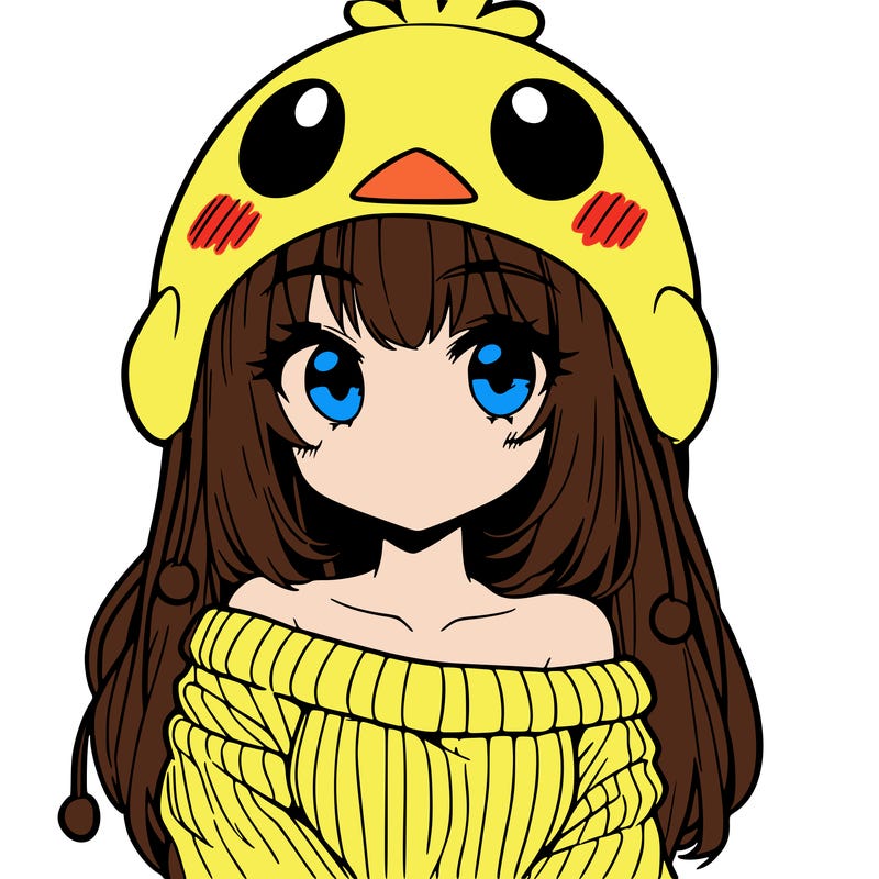 anime girl with chick shaped hat with sweater with bare shoulders with bangs covering them one eye with low tail