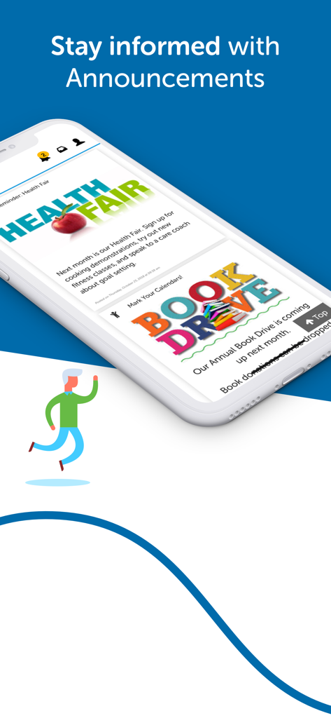 Go Icon Community App - A smartphone screen displaying community announcements for a health fair and book drive within the Go Icon app.