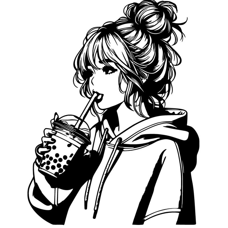 realistic girl wearing oversized hoodie in a messy hair bun drinking boba tea