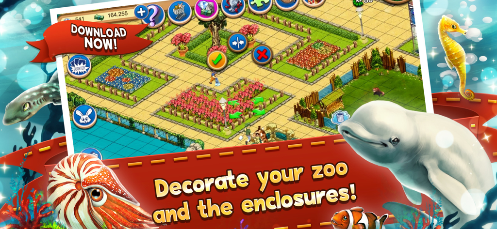 My Free Zoo Mobile - Screenshot of My Free Zoo Mobile showing gameplay for decorating the zoo and aquatic enclosures featuring a beluga whale and seahorse.