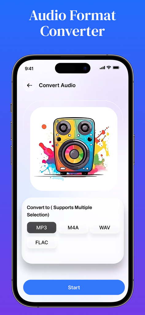 QuickTools Media & Files - Smartphone screen showing the audio format converter interface with options to convert to MP3 M4A WAV and FLAC