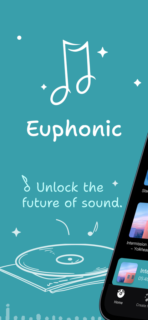 Tela de boas-vindas do aplicativo Euphonic com um ícone de nota musical e o slogan Desbloqueie o futuro do som