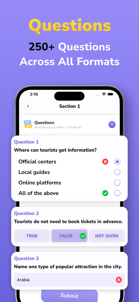 IELTS Exam Practice Test Prep - Una pantalla de teléfono móvil que muestra varios formatos de preguntas de práctica de examen IELTS, incluyendo opción múltiple y verdadero/falso