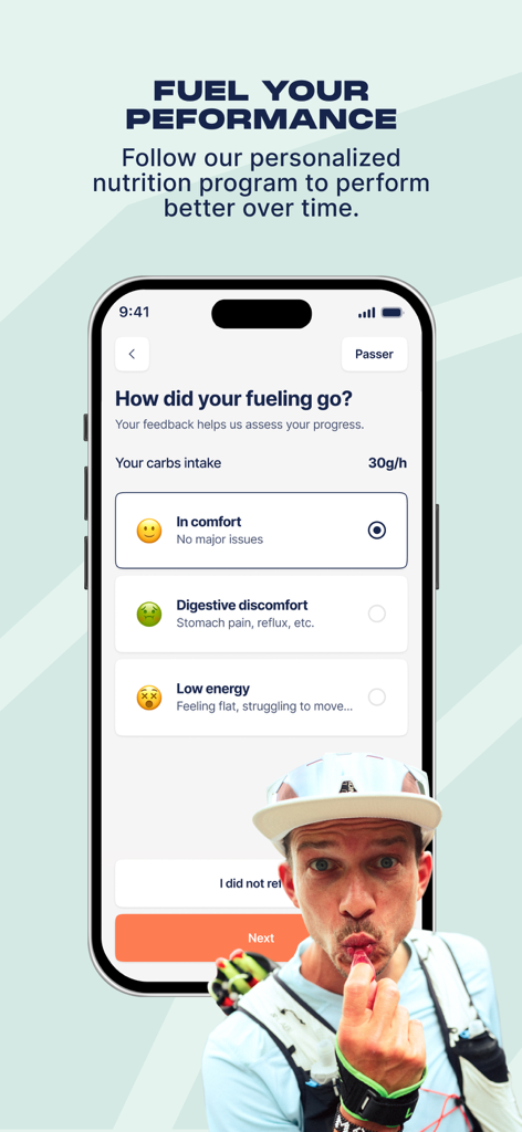 Campus Coach app interface for tracking running nutrition and fueling performance feedback