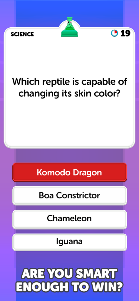 Science category trivia question in the Trivia Show mobile game asking about reptiles that change skin color.
