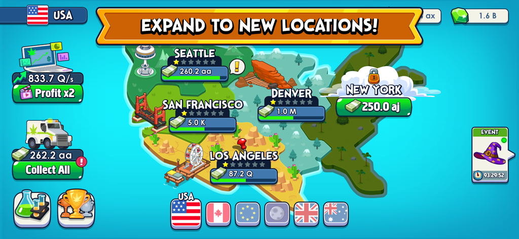 Weed Inc game map showing expansion to US cities like Seattle and Los Angeles