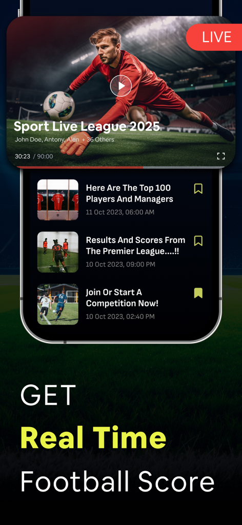 Live Football TV : HD TV Score - Live football app interface displaying real time match scores and sports news