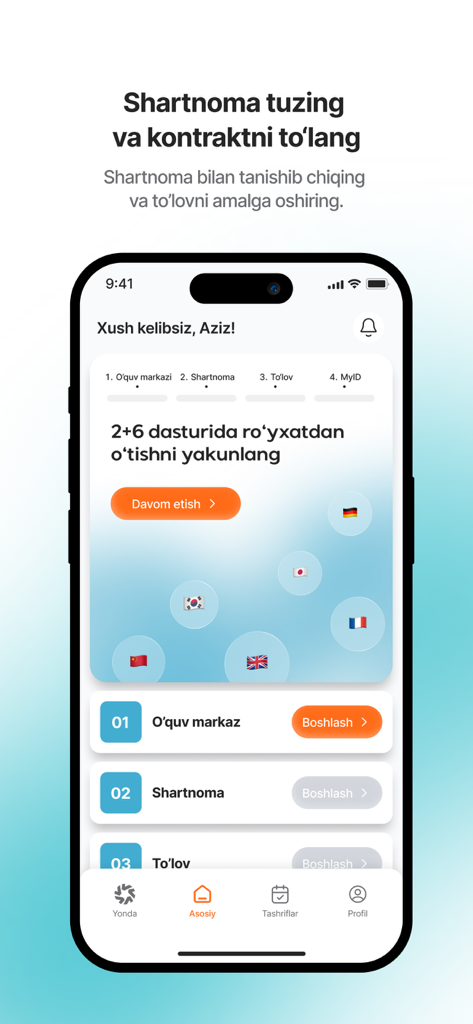 yonda.uz - Yonda app interface showing steps for training center selection, contract signing, and payment on a mobile device