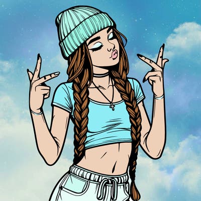 realistic teenage girl with braids and a beanie and crop top doing 🫶🏼