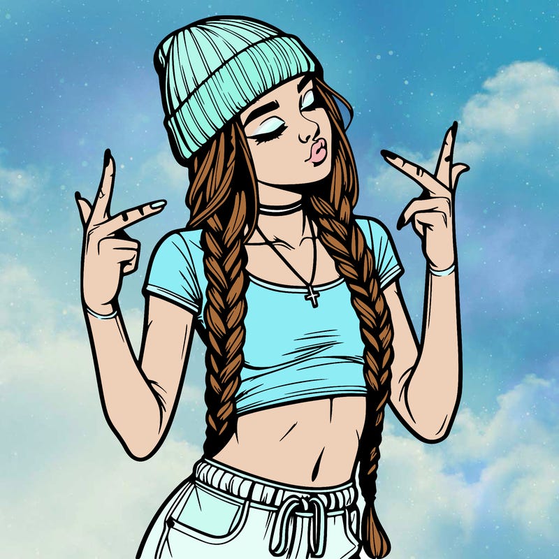 realistic teenage girl with braids and a beanie and crop top doing 🫶🏼