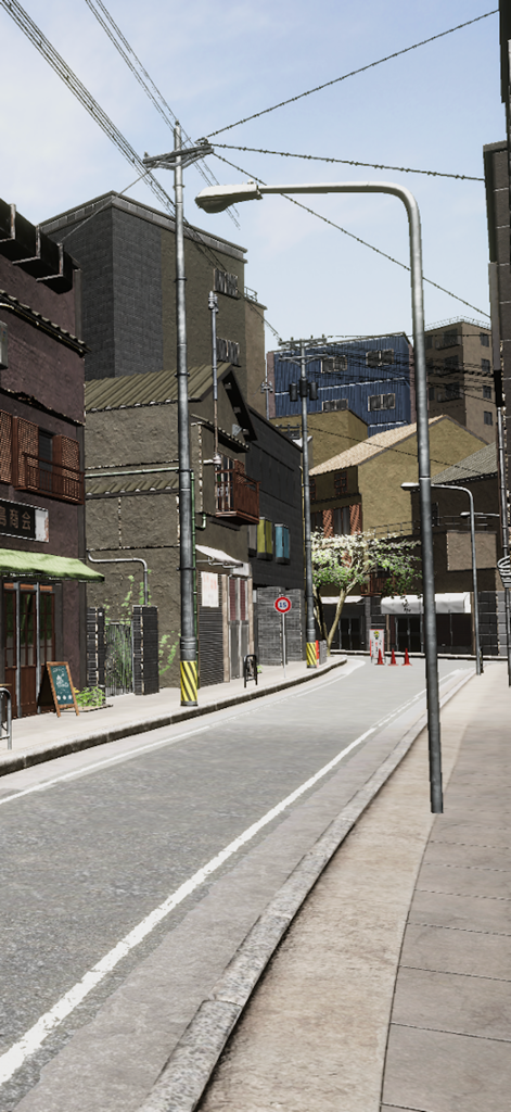 Want to Deliver the Luggage - Uma cena de rua urbana tranquila em uma cidade japonesa, apresentando edifícios realistas, postes de energia e um poste de luz.