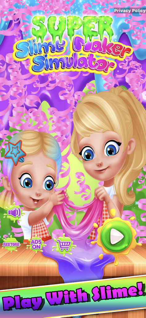 Two young girls playing with pink slime in the Super Slime Maker Simulator app.
