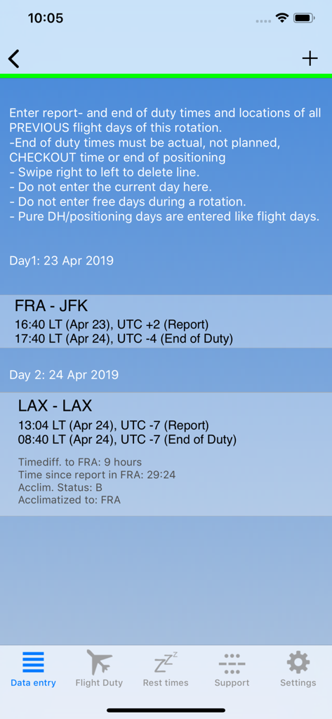 EASA vs Airline FTL - Screenshot of the flight duty data entry screen showing previous flight rotations and acclimatization status