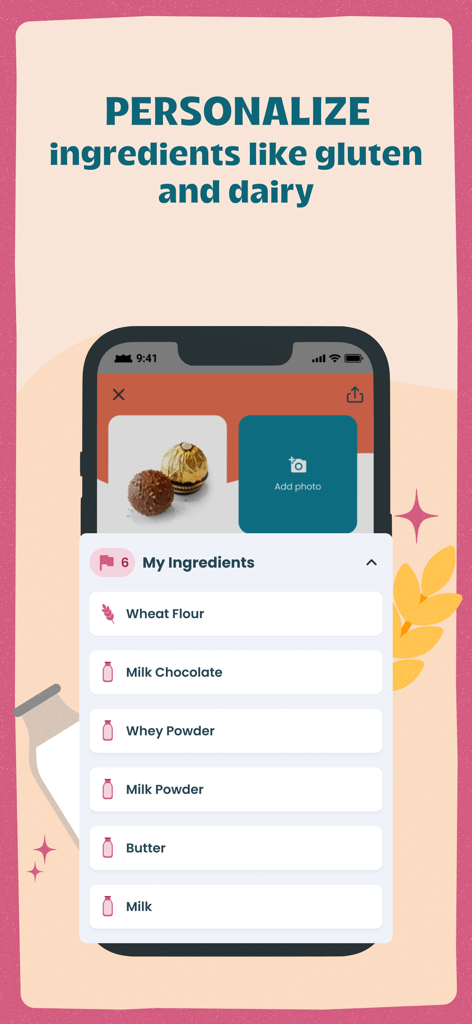 Trash Panda - Food Scanner - Trash Panda app screen showing personalized ingredient alerts for gluten and dairy with a list of flagged items like wheat flour and milk powder.