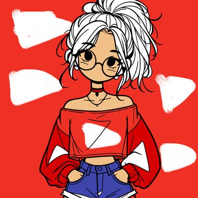 girl with a messy ponytail glasses a baggy crop top and jean shorts