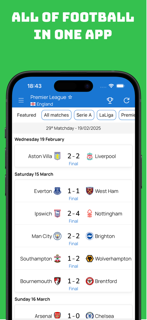 Live Action Soccer 2025/2026 - Un'interfaccia di app mobile che mostra i punteggi e i risultati in tempo reale della Premier League.