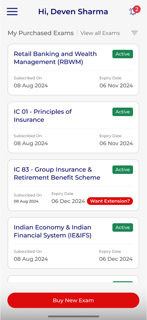 TOP4SURE - Dashboard showing active banking and insurance exam subscriptions in the TOP4SURE app