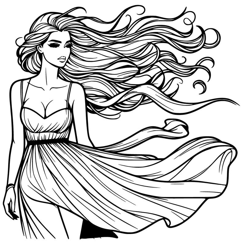 realistic woman, wind blowing the dress
