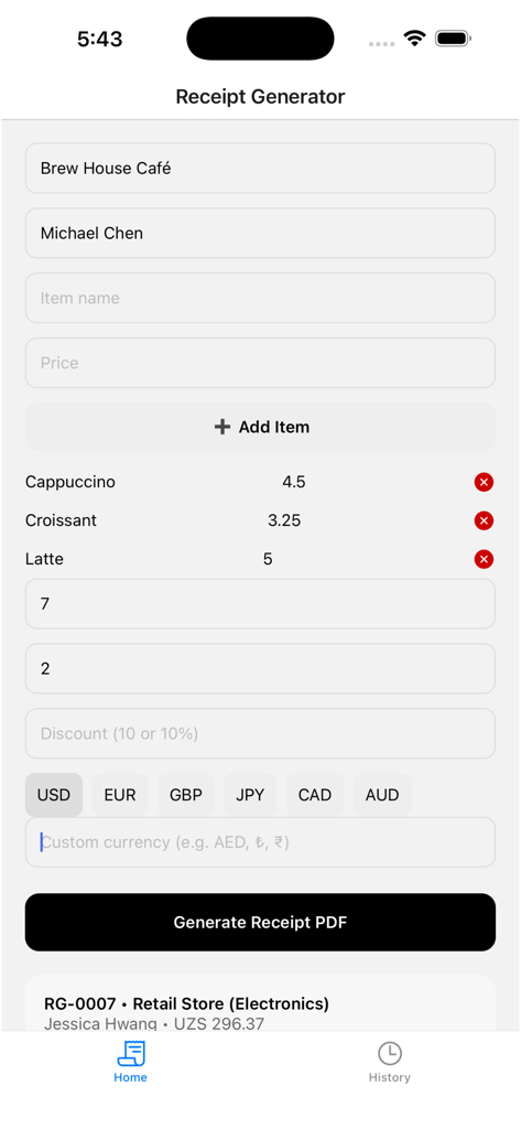 Interfaz de la aplicación móvil para crear recibos PDF profesionales con detalles de la empresa y los artículos