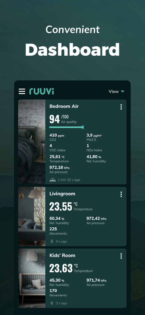 Ruuvi Station app dashboard showing environmental monitoring data for a bedroom living room and kids room