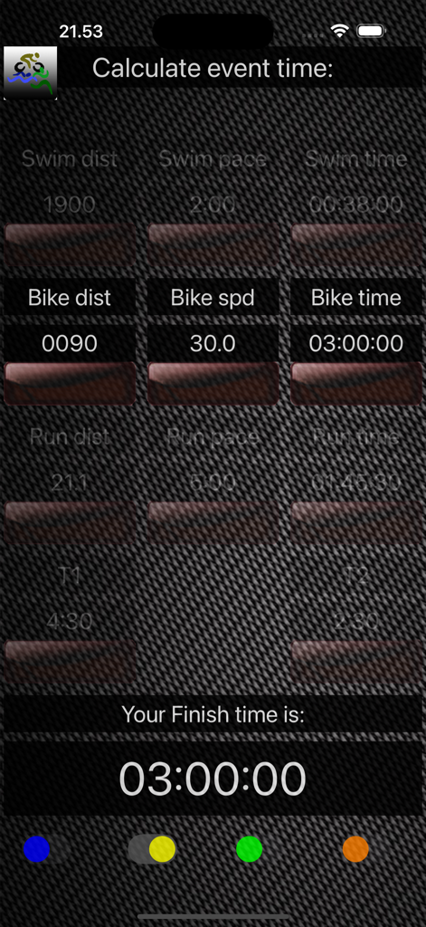 Triathlon-Calc - Oberfläche eines Triathlon-Rechners, der Eingaben für Schwimm-, Rad- und Lauf-Splits zur Vorhersage der Gesamtveranstaltungszeit zeigt