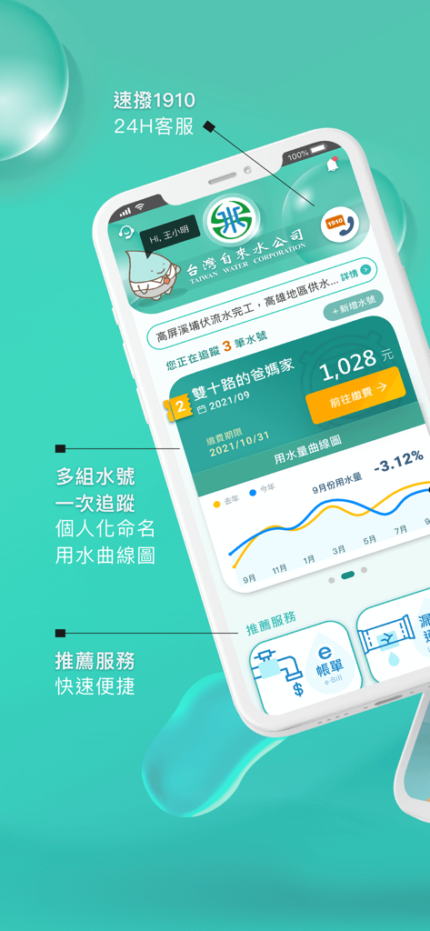 台灣自來水 - Tableau de bord de l'application mobile Taiwan Water Corporation montrant la facture d'eau et les statistiques de consommation