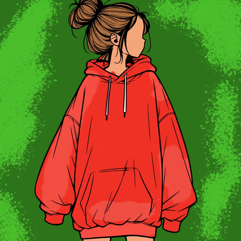 realistic girl with a oversized sweatshirt on and a bun