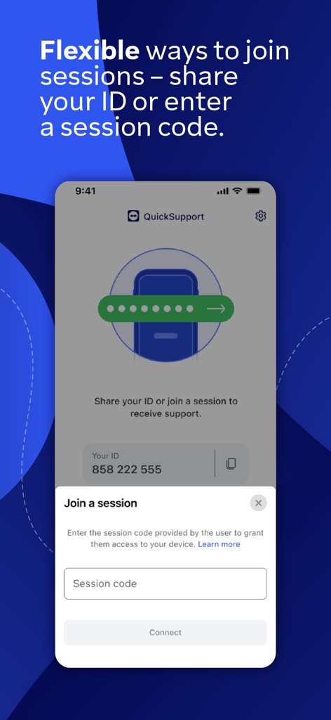 A screenshot of the TeamViewer QuickSupport app showing a pop up to join a session by entering a code and the user ID displayed behind it