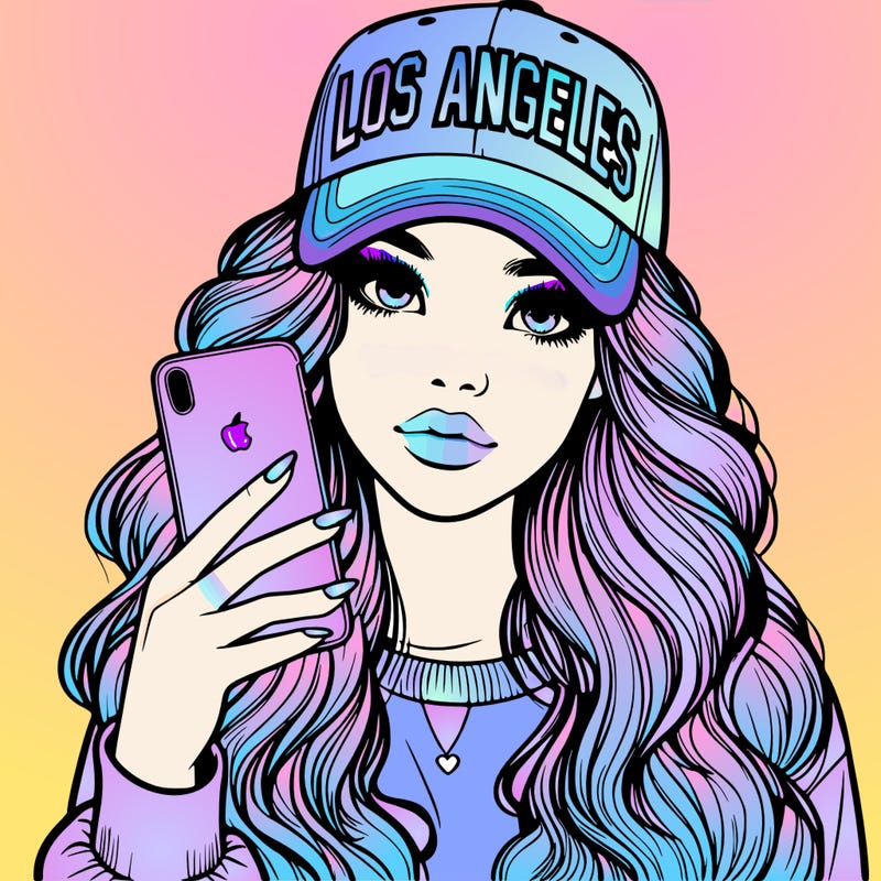 realistic beautiful girl wearing los ángeles cap holding an iphone