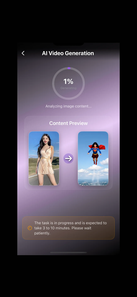 AINunaVideo - AINunaVideo interface showing AI video generation progress from a portrait photo.