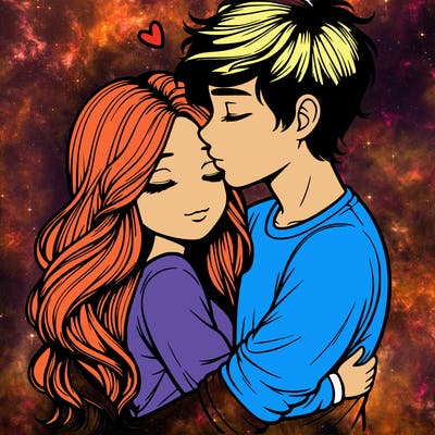 a realistic couple boy and girl hugging and kissing