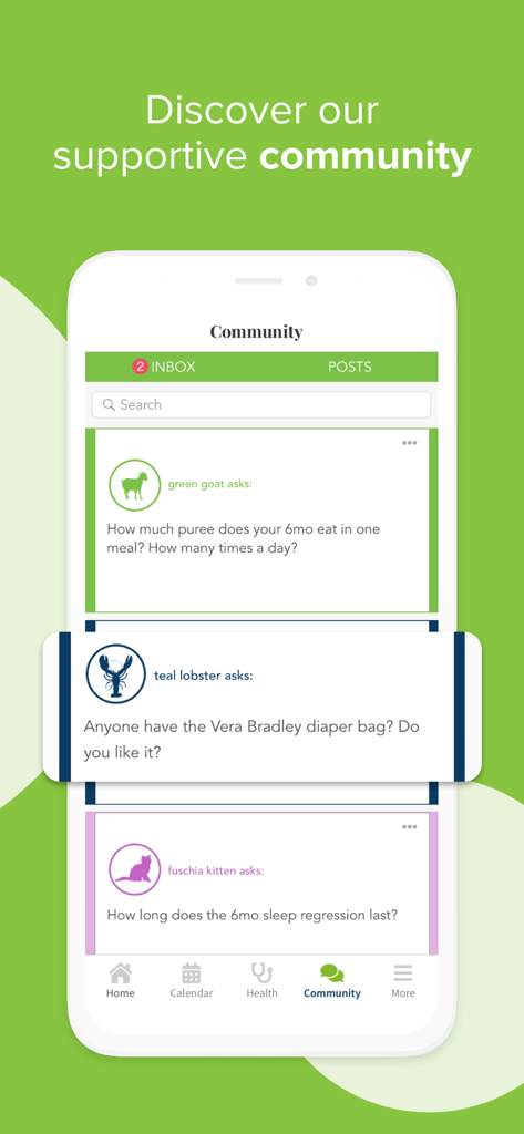 Ovia Parenting app showing an anonymous community forum where parents ask questions and share advice