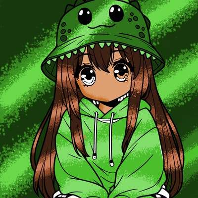 girl with anime shaped eyes with a dinosaur bucket hat oversized sweatshirt long straight hair