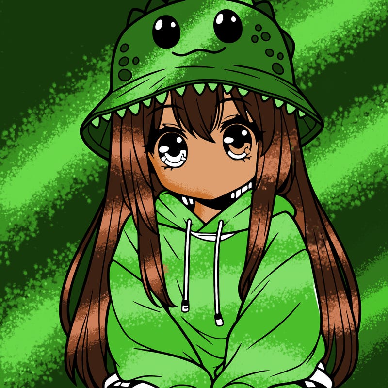 girl with anime shaped eyes with a dinosaur bucket hat oversized sweatshirt long straight hair