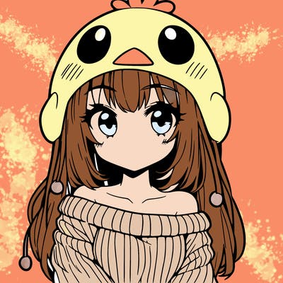 anime girl with chick shaped hat with sweater with bare shoulders with bangs covering them one eye with low tail