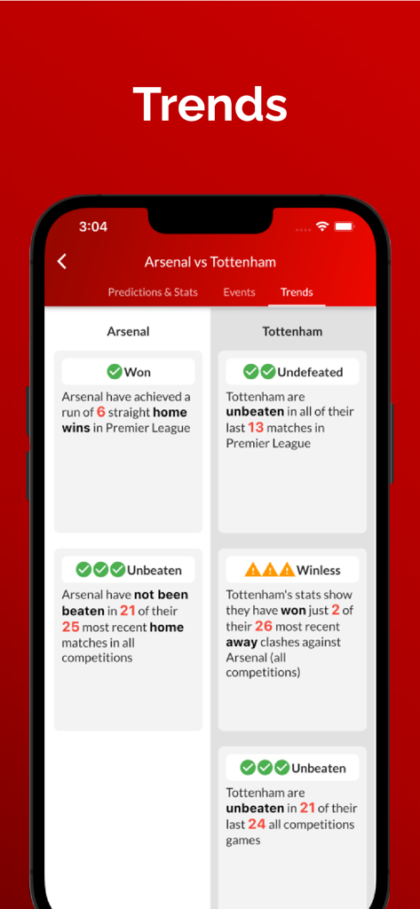 Forebet Football Predictions - Forebet app interface showing statistical soccer trends for a match between Arsenal and Tottenham