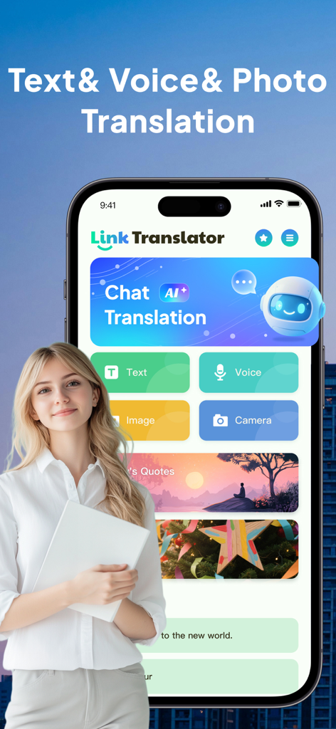 Smartphone che mostra l'app Link Translator con traduzione di chat vocale, testo e foto AI