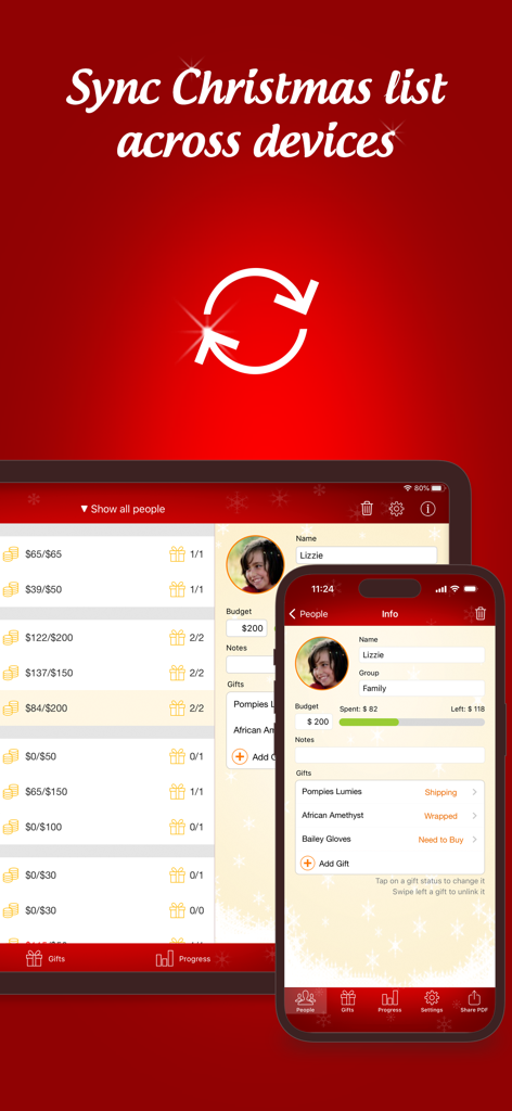 iPhoneとiPad間で同期されたクリスマスギフトリストアプリのインターフェース。