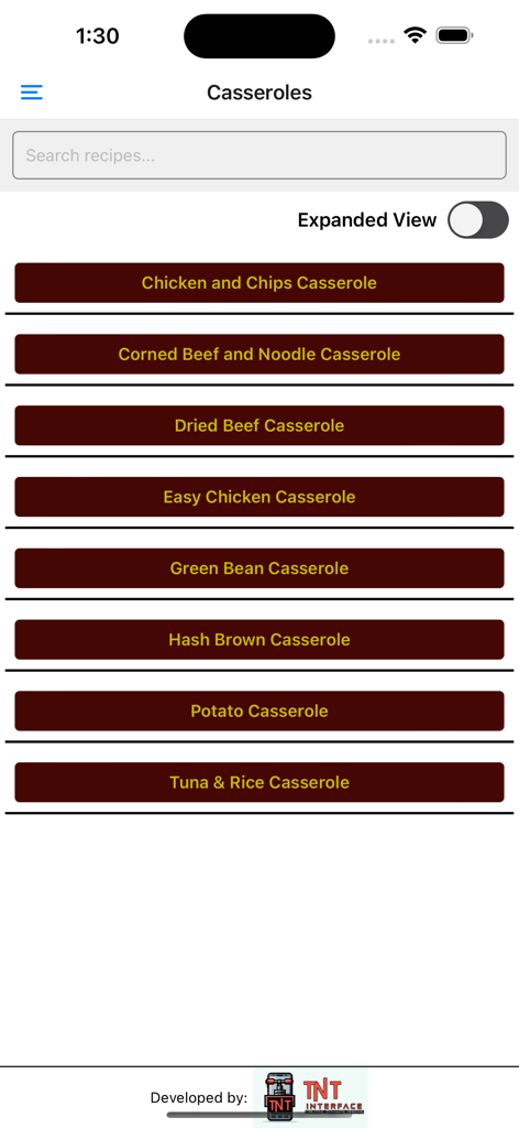 Let Them Cookアプリのキャセロールレシピのミニマリストリスト。検索バーとレシピタイトルが表示されます。