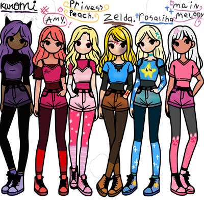 a group of girls wearing crop tops and shorts